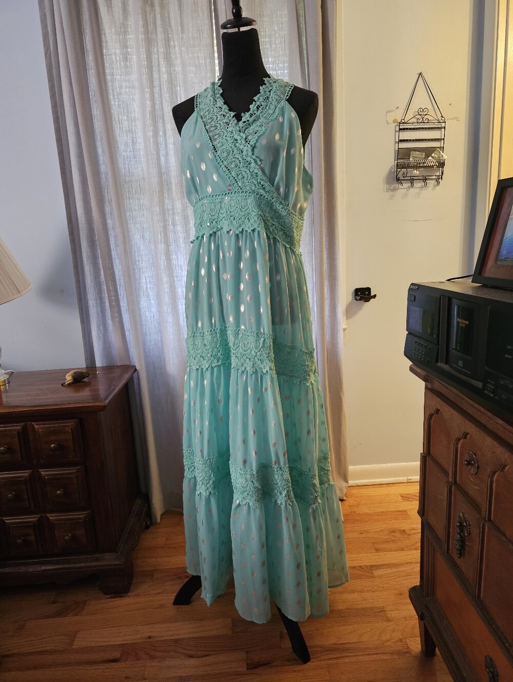 Sheilay Boho Lace-Trim Aqua Maxi Dress